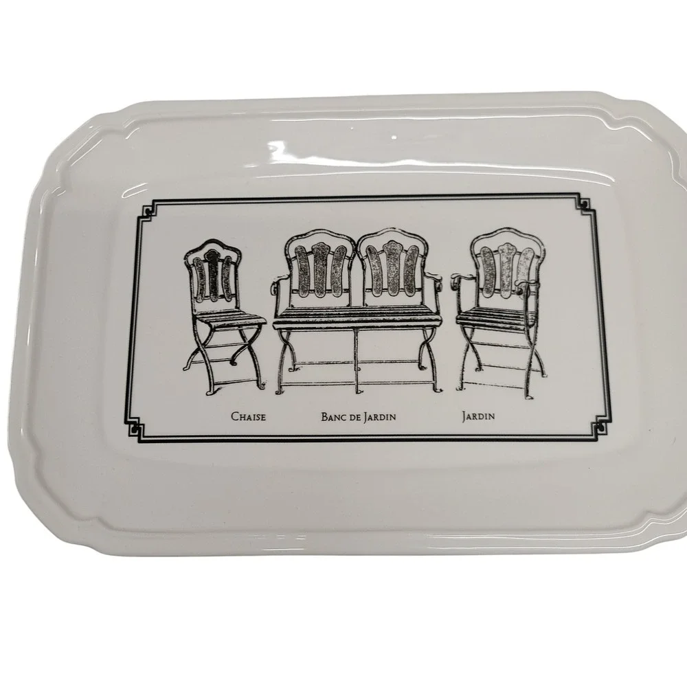 White‎ Rectangular Serving Tray Decorative Platter French Bistro Chairs Graphic